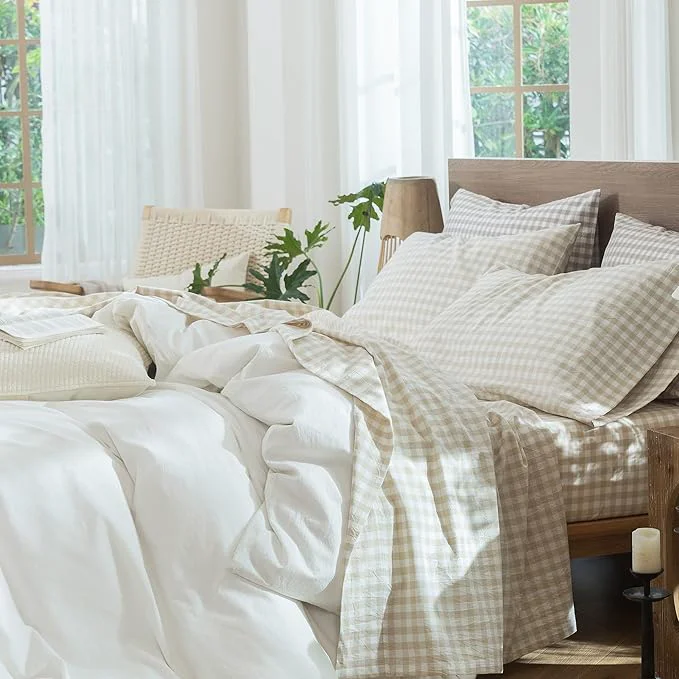 User-Friendly MooMee Gingham Sheet Set Washed Cotton Linen Like Textured Breathable Soft w Fully Elasticized 16-19 quot Deep Pocket Classic Gingham Almond Milk Grey Queen Authentic