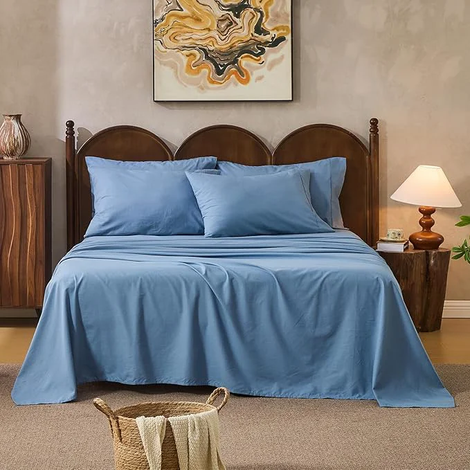 Premium Linen Sheets Queen Size Breathable amp Durable 4-Piece Bed Flax Sheet Set Soft All-Season Bedding for Hot Sleepers 16 quot Deep Pocket Oeko-TEX （Queen Dusty Blue） High-Grade