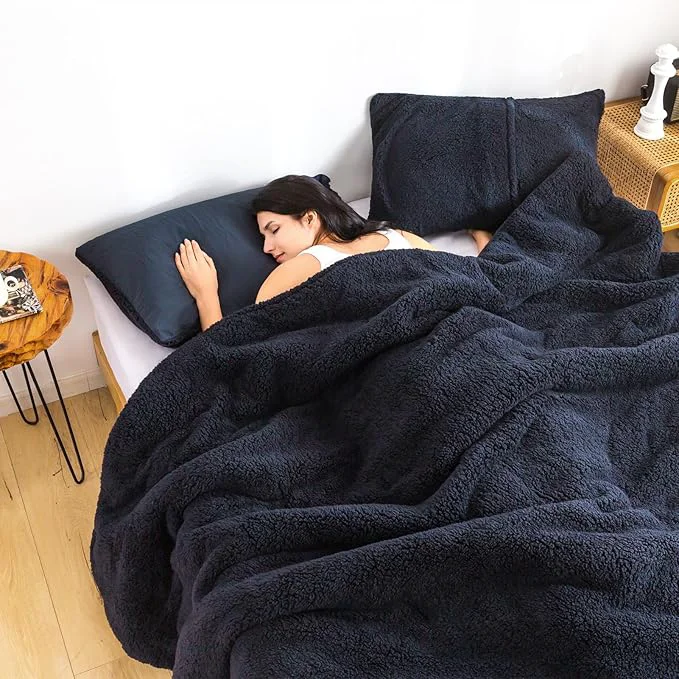 Convenient Warm Sherpa Comforter Set with Pillowshams Fleece Comforter King Size Lightweight Cozy Plush Washable Cotton Down Soft Comforter and Pillow Shams Dark Navy Blue King Authentic