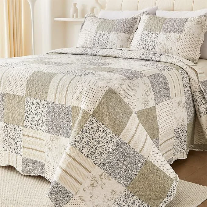 Practical Cmfshape Summer Floral Queen Quilt Set Grey Patchwork Quilts Queen Reversible Quilted Bedspread with 2 Shams Vintage Farmhouse Coverlet Grey Queen90 x90 Detailed