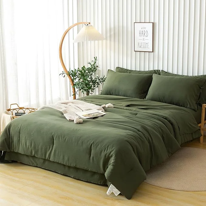 Artisan COTTEBED Ultra-Soft California King Comforter Sets with Sheets – 7 Pieces BED IN A BAG Comfy Farmhouse Boho Washed PolyCotton Comforter Bedding Fitted Sheet Set Pillow Case All Season Dark Olive Green Authentic