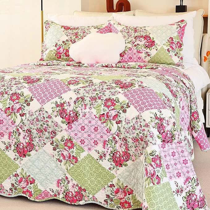 Consistent Cmfshape Summer Floral Queen Quilted Bedspread Romantic Pink Quilt Set Bedding Reversible Stitched Bedding Set All Season Soft Lightweight Coverlet with Pillow Cases Pink amp Green Queen90 x90 Enhanced