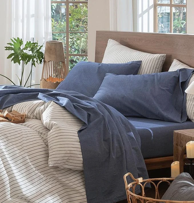 Efficient MooMee Bedding Sheet Set Washed Cotton Linen Like Textured Breathable Durable Soft Comfy Heathered Blue Twin Premium