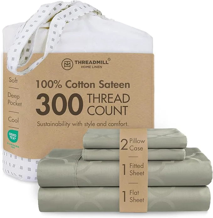 Fine Crafted Threadmill Cotton Queen Sheet Set Cotton Sheets for Queen Size Bed Damask Jacquard Queen Bed Sheets Set with 16 Deep Pocket Soft Sateen Weave 4-Piece Cooling Bedding Set Sage High-Grade