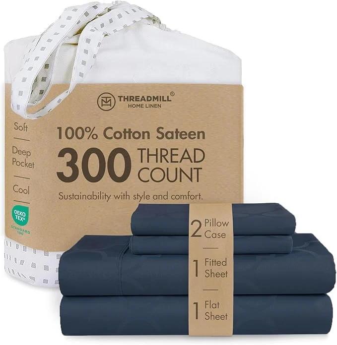 Smart Threadmill Cotton Sheets for King Size Bed 4 Pc King Bed Sheets Set Soft Breathable Lightweight Damask Sateen for All-Season Use Snug Fit Elastic Deep Pocket King Sheets Folkstone Blue Next-Generation