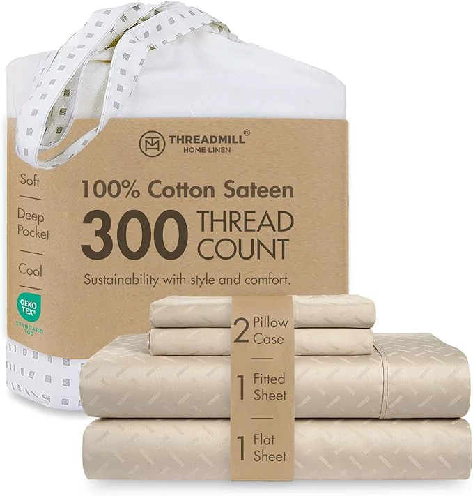 Effective 300 Thread Count Jacquard Astra Light Beige Queen Sheet Set – Cotton Breathable Silky Soft Damask Sheets – 4 Pc Bed Sheet Set Elasticized Deep Pockets – Wrinkle Bedding Sheets by Threadmill Premium