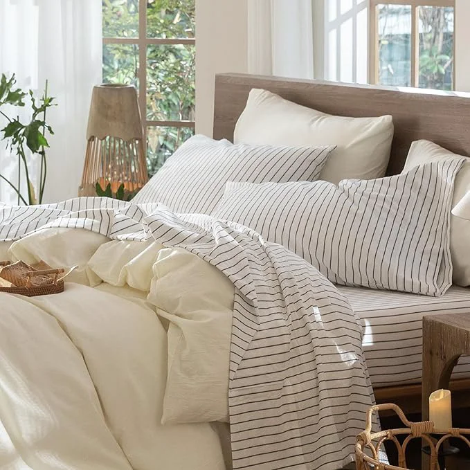 Pure MooMee Striped Sheet Set Washed Cotton Linen Like Textured Breathable Durable Soft Comfy White Dark Grey Wide Stripes King Top-Quality