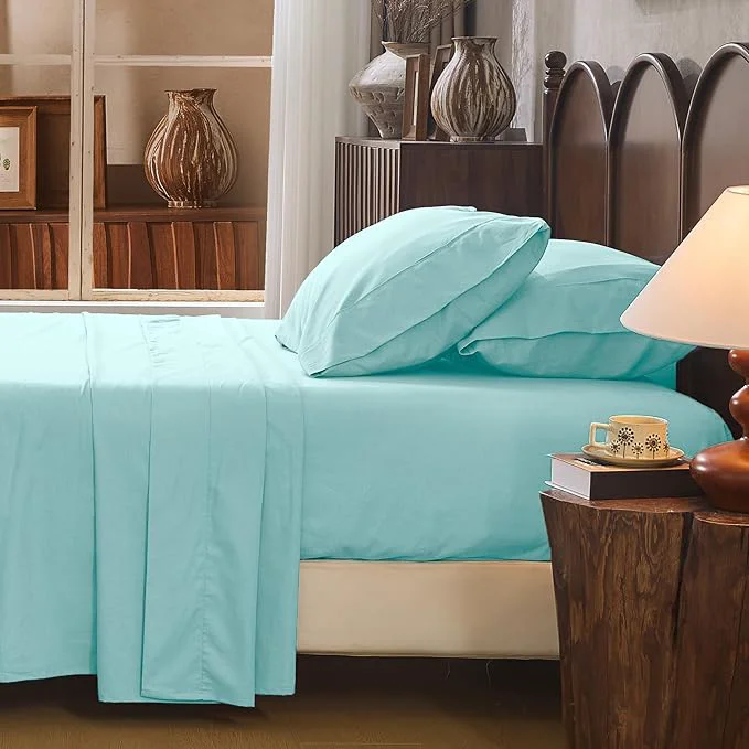 User-Friendly Linen Sheet Set Queen Size Extra Deep Pocket Fits 18-24 Inch Mattress Breathable amp Soft Smooth 4-Piece Set for Thick Mattresses Hotel Luxury Bedding（Queen Light Blue） Refined