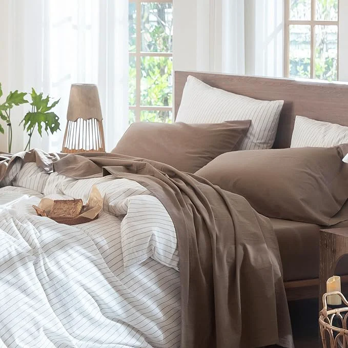 Fine Crafted MooMee Bedding Sheet Set Washed Cotton Linen Like Textured Breathable Durable Soft Comfy Solid Brown Full Professional