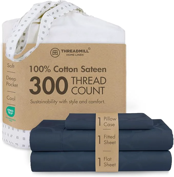 Smart Threadmill Cotton Twin XL Sheet Set Cotton Sheets for Twin XL Size Bed Damask Jacquard Sateen Twin XL Bed Sheets Set 16 quot Deep Pocket Soft Breathable 3pc Cooling Sheet Set Folkstone Blue Lightweight