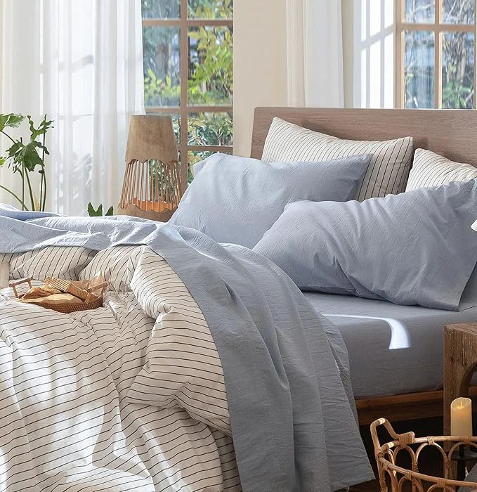 Pure MooMee Bedding Sheet Set Washed Cotton Linen Like Textured Breathable Durable Soft Comfy Heathered Cornflower Blue California King Artisan