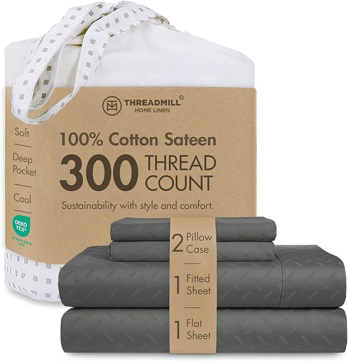 Comfortable Threadmill Cotton Queen Sheet Set Cotton Sheets for Queen Size Bed Damask Jacquard Queen Bed Sheets Set with 16 Deep Pocket Soft Sateen Weave 4-Piece Cooling Bedding Set Dark Grey Expertly Made