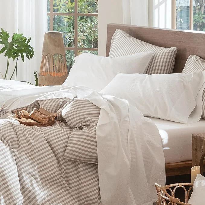 Verified MooMee Bedding Sheet Set Washed Cotton Linen Like Textured Breathable Durable Soft Comfy Solid Off White Full Next-Generation