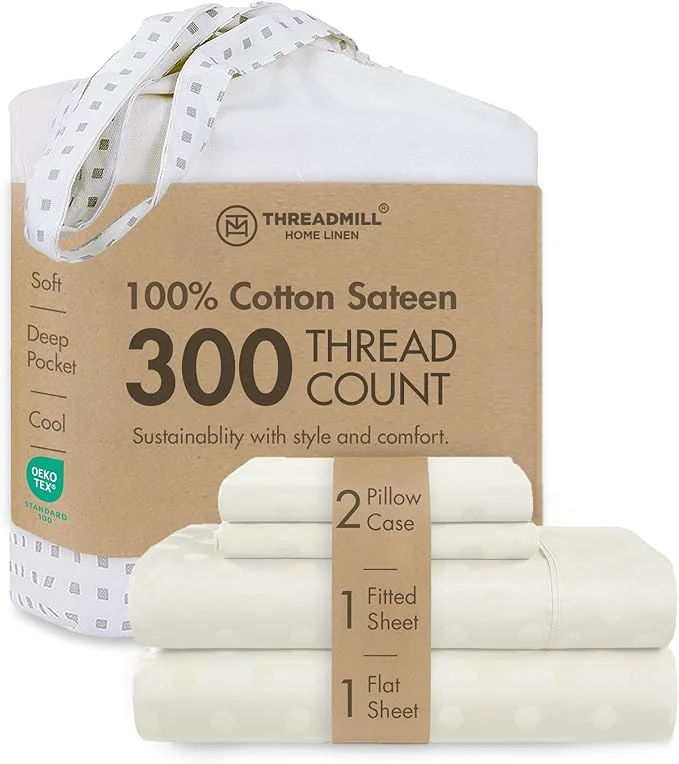 Reusable Threadmill Cotton Sheets for King Size Bed 4 Pc King Bed Sheets Set Soft Breathable Lightweight Damask Sateen for All-Season Use Snug Fit Elastic Deep Pocket King Sheets Ivory Top-Quality