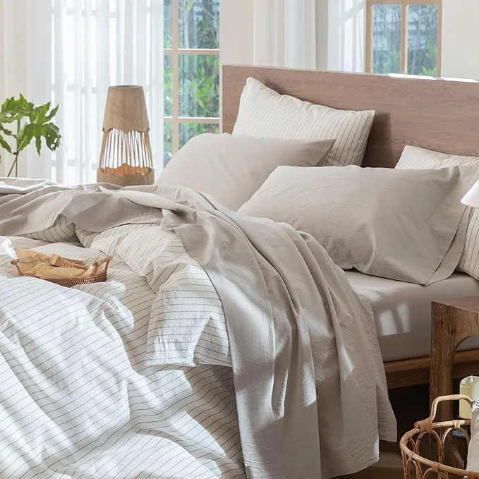 Trusted MooMee Bedding Sheet Set Washed Cotton Linen Like Textured Breathable Durable Soft Comfy Solid Light Tan King Recyclable