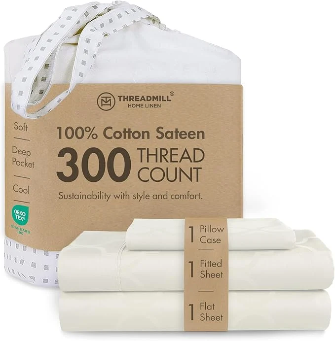 Stylish Threadmill Cotton Twin XL Sheet Set Cotton Sheets for Twin XL Size Bed Damask Jacquard Sateen Twin XL Bed Sheets Set with 16 Deep Pocket Soft Breathable 3-Piece Cooling Sheet Set Ivory World-Class