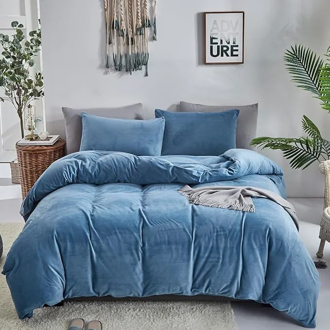 Genuine CLOTHKNOW Blue Velvet California King Comforter Set Soft Bedding Comforter Sets Lake Blue Comforter with 2 x Pillow Cases High-End