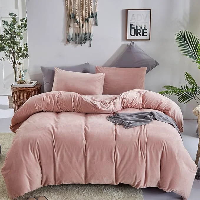 Detailed CLOTHKNOW Pink King Size Comforter Set Velvet Bedding Comforter Sets Soft Dusty Blush Comforter with 2 x Pillow Cases Quality