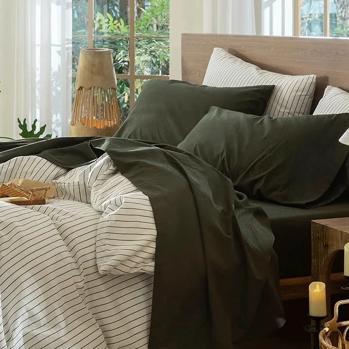 First-Class MooMee Bedding Sheet Set Washed Cotton Linen Like Textured Breathable Durable Soft Comfy Solid Olive Green King Safe