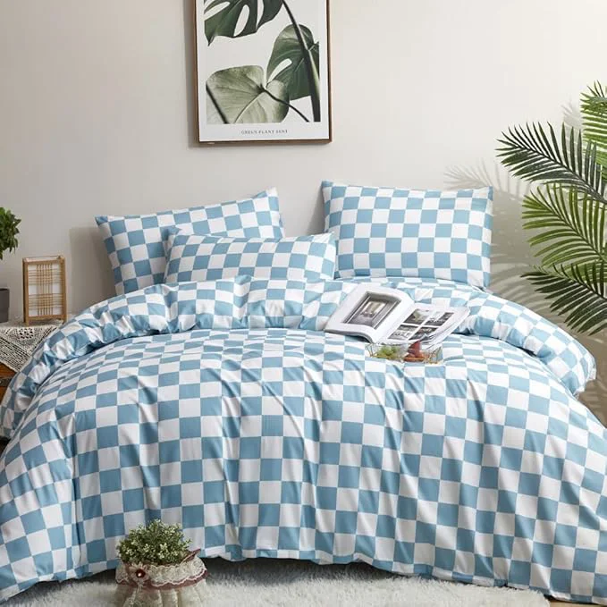 Elegant CLOTHKNOW Blue White Plaid Queen Comforter Set Grid Bedding Comforter Sets Soft Light Blue Comforter Checker Queen Size Comforter Sets Verified