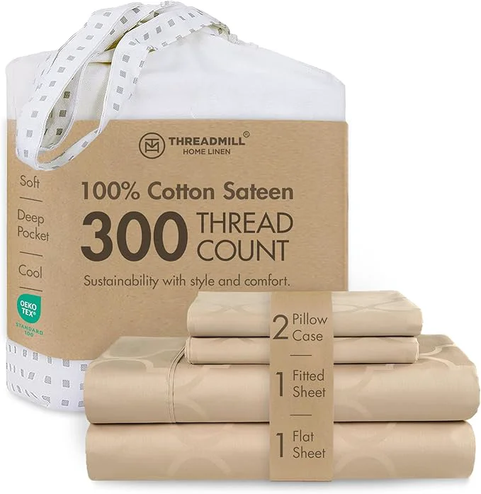 Environmentally Friendly Threadmill Cotton Full Size Sheet Set Cotton Sheets for Full Size Bed Damask Jacquard Full Bed Sheets Set with 16 Deep Pocket Soft Sateen Weave 4-Piece Cooling Bedding Set Beige Optimized