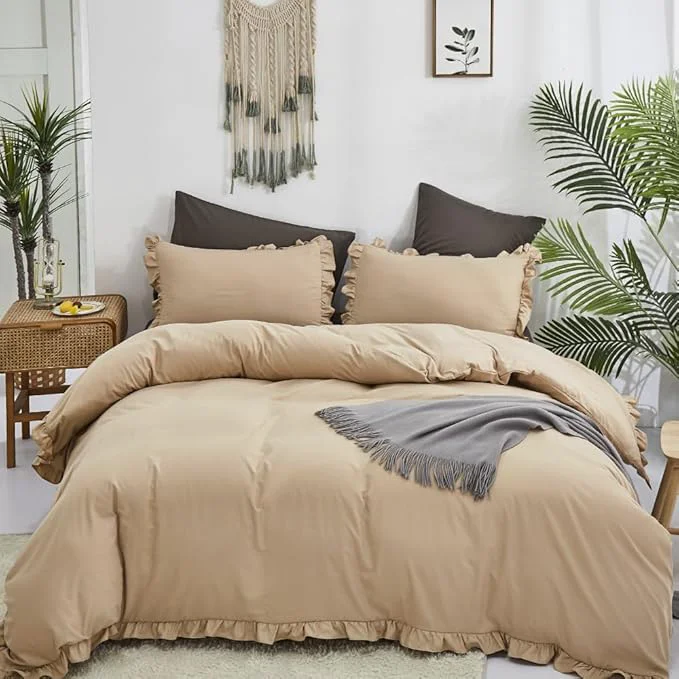 Environmentally Friendly CLOTHKNOW Taupe Ruffle Queen Comforter Set Champagne Bedding Comforter Sets Soft Shabby Chic Farmhouse Comforter with 2 x Pillow Cases Recyclable