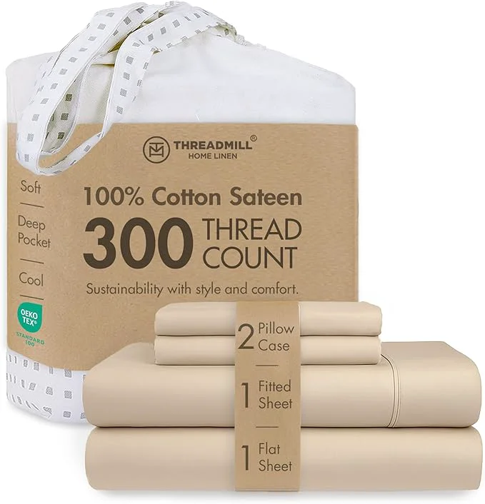Detailed Threadmill Cotton Full Size Sheet Set Cotton Sheets for Full Size Bed Solid Sateen Full Bed Sheets Set with 16 Elasticized Deep Pocket Soft Breathable 4-Piece Cooling Sheet Set Beige Next-Generation