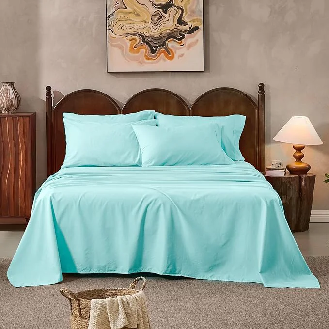 Versatile Linen Sheets Queen Size Breathable amp Durable 4-Piece Bed Flax Sheet Set Soft All-Season Bedding for Hot Sleepers 16 quot Deep Pocket Oeko-TEX （Queen Light Blue）