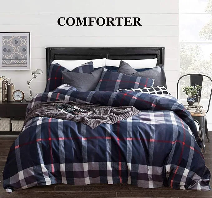 Stylish CLOTHKNOW Blue Plaid Queen Comforter Set Tartan Buffalo Bedding Comforter Sets Soft Grid Comforter with 2 x Pillow Cases Exclusive