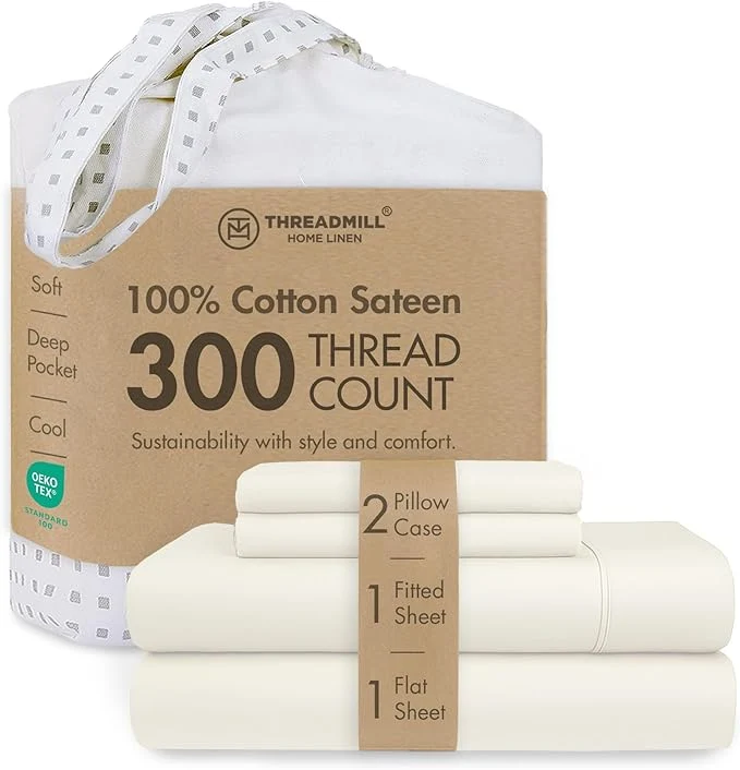 World-Class Threadmill Cotton Full Size Sheet Set Cotton Sheets for Full Size Bed Solid Sateen Full Bed Sheets Set with 16 Elasticized Deep Pocket Soft Breathable 4-Piece Cooling Sheet Set Ivory Comfortable