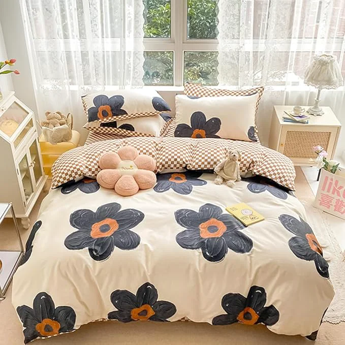 Detailed CLOTHKNOW Black Sunflower Queen Comforter Set Floral Bedding Comforter Sets Brown Plaid Comforter Soft Botanical Queen Comforter with 2 x Pillow Cases User-Friendly