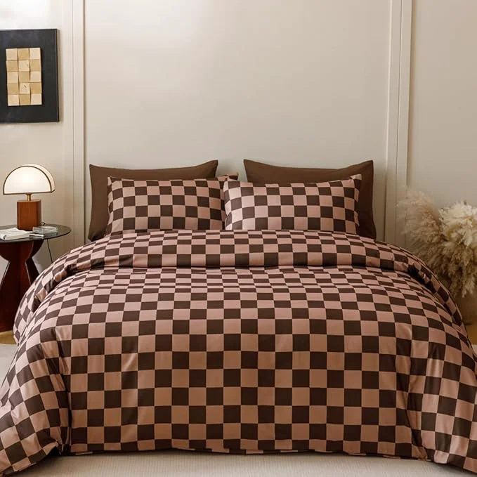 Healthy CLOTHKNOW Dark Brown Plaid California King Comforter Set Grid Bedding Comforter Sets Soft Checkered Geometric Comforter with 2 x Pillow Cases Classic