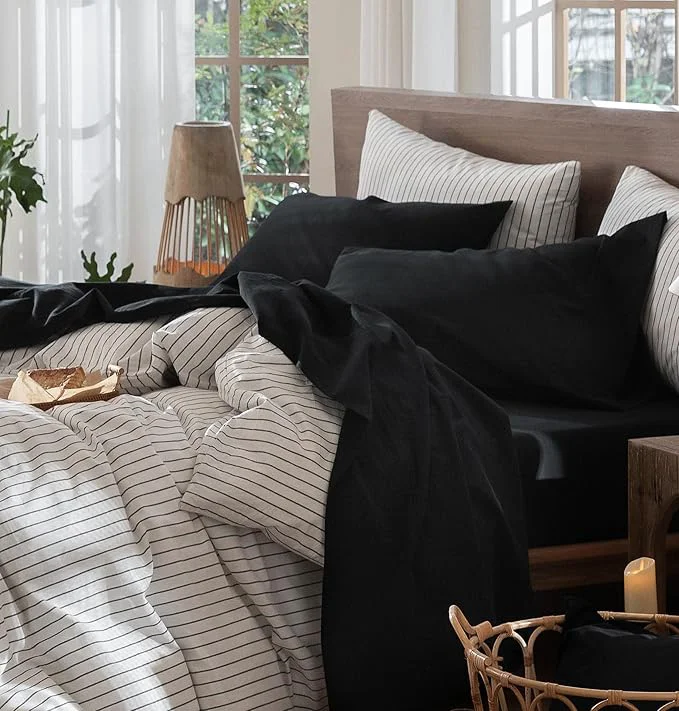 Fast MooMee Bedding Sheet Set Washed Cotton Linen Like Textured Breathable Durable Soft Comfy Solid Black Full Selected