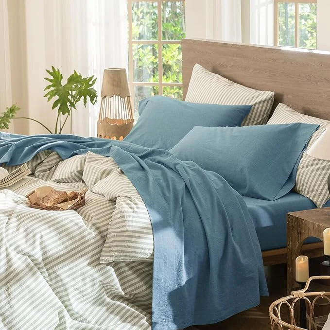 Safe MooMee Bedding Sheet Set Washed Cotton Linen Like Textured Breathable Durable Soft Comfy Heathered Peacock Blue King High-Performance