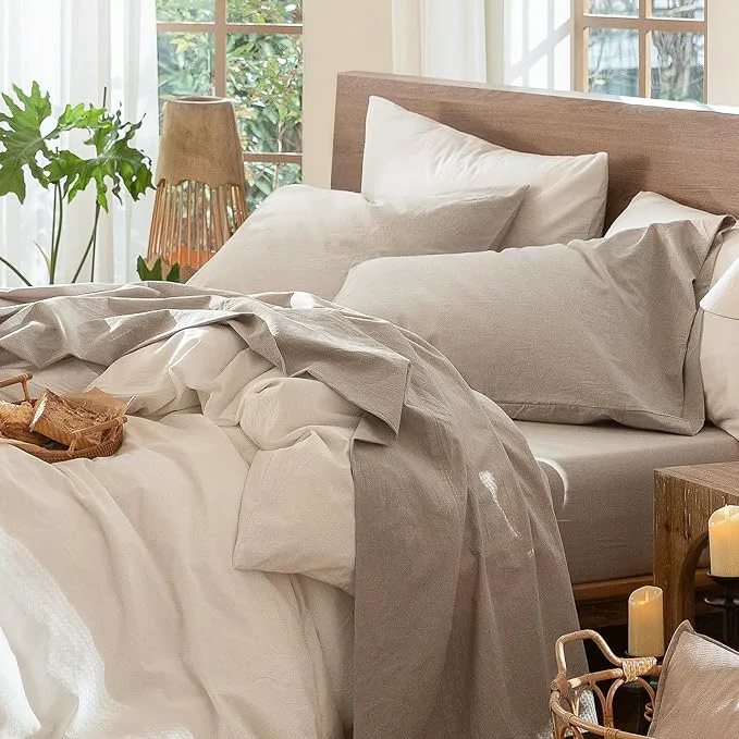 Traditional MooMee Bedding Sheet Set Washed Cotton Linen Like Textured Breathable Durable Soft Comfy Heathered Tannish Linen Grey King