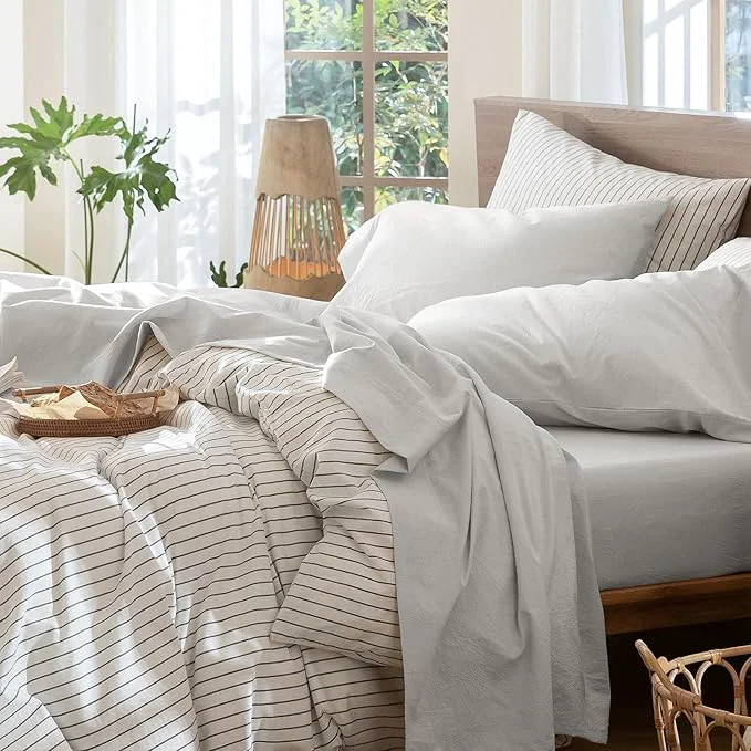 Artisan MooMee Bedding Sheet Set Washed Cotton Linen Like Textured Breathable Durable Soft Comfy Solid Light Blueish Grey King Responsible