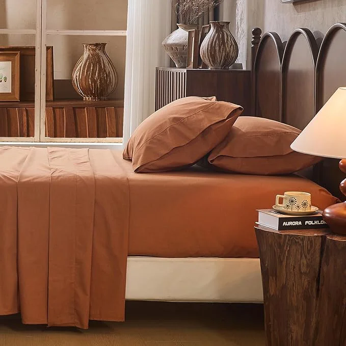 Artisan Linen Sheet Set Queen Size Extra Deep Pocket Fits 18-24 Inch Mattress Breathable amp Soft Smooth 4-Piece Set for Thick Mattresses Hotel Luxury Bedding（Queen Brown） Organic