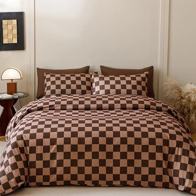 Smooth CLOTHKNOW Dark Brown Plaid Queen Comforter Set Grid Bedding Comforter Sets Soft Checkerboard Geometric Comforter with 2 x Pillow Cases Artisan