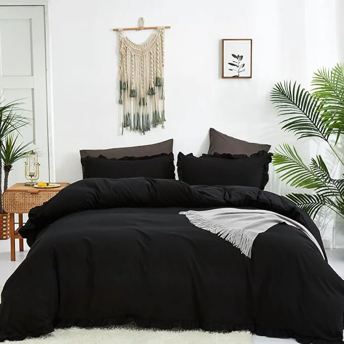 Smart CLOTHKNOW Black Queen Comforter Set 3Pcs Ruffle Bedding Comforter Sets Shabby Chic Comforter Queen with 2 x Pillow Cases Farmhouse Bedding Effective