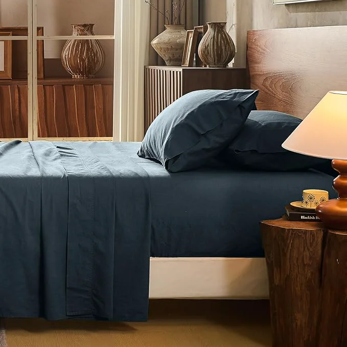 Quality Linen Sheet Set King Size Extra Deep Pocket Fits 18-24 Inch Mattress Breathable amp Soft Smooth 4-Piece Set for Thick Mattresses Hotel Luxury Bedding（King Navy Grey） Versatile