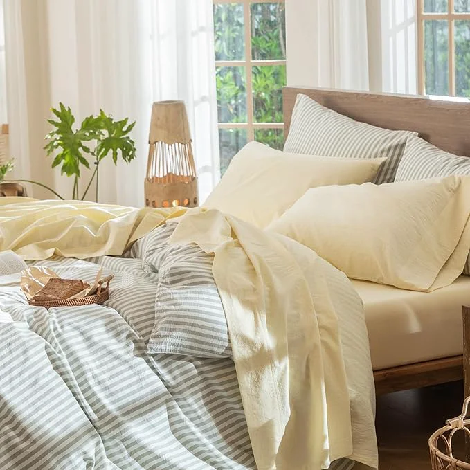 Responsible MooMee Bedding Sheet Set Washed Cotton Linen Like Textured Breathable Durable Soft Comfy Heathered Butter Yellow Queen Crafted