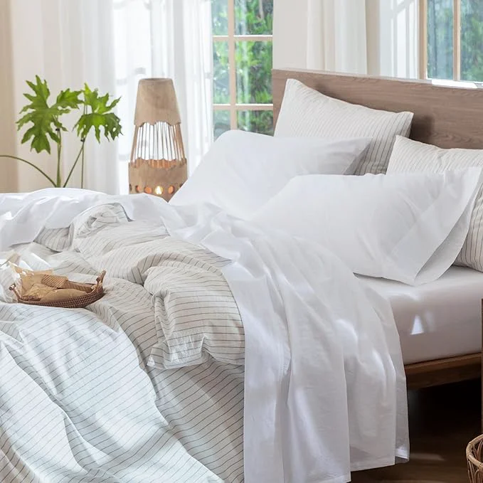 Eco-Friendly MooMee Bedding Sheet Set Washed Cotton Linen Like Textured Breathable Durable Soft Comfy Solid Bright White Split King First-Class