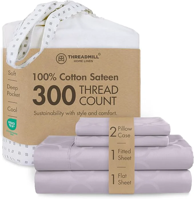 Convenient Threadmill Cotton Queen Sheet Set Cotton Sheets for Queen Size Bed Damask Jacquard Queen Bed Sheets Set with 16 Deep Pocket Soft Sateen Weave 4-Piece Cooling Bedding Set Lilac Original