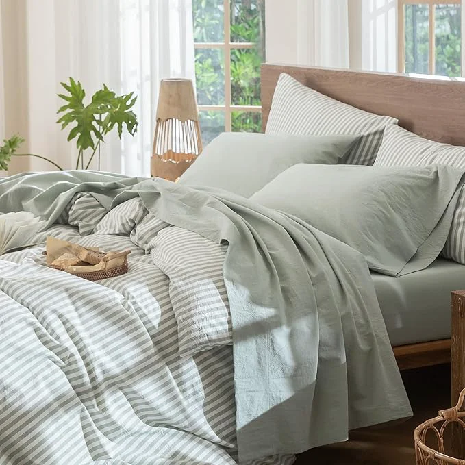 Prestigious MooMee Bedding Sheet Set Washed Cotton Linen Like Textured Breathable Durable Soft Comfy Heathered Sage Green Queen World-Class
