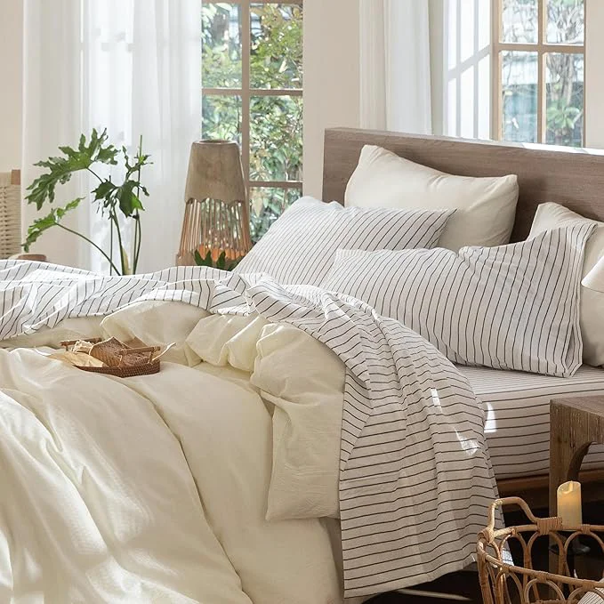 Smart MooMee Striped Sheet Set Washed Cotton Linen Like Textured Breathable Durable Soft Comfy White Dark Grey Wide Stripes Full