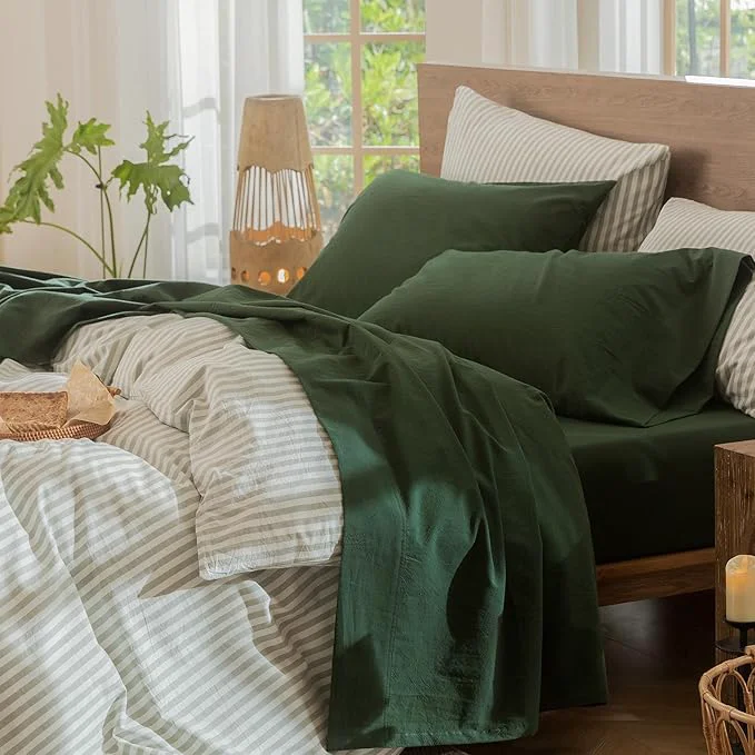 Contemporary MooMee Bedding Sheet Set Washed Cotton Linen Like Textured Breathable Durable Soft Comfy Solid Forest Green Full Luxury