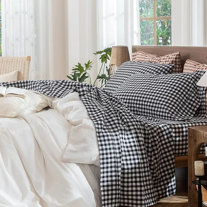 Superior MooMee Gingham Sheet Set Washed Cotton Linen Like Textured Breathable Soft w Fully Elasticized 16-19 quot Deep Pocket Classic Gingham Black White King Comfortable