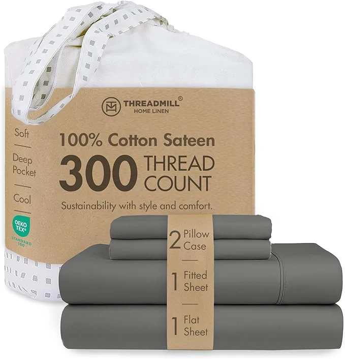 Pure Threadmill Cotton Queen Sheet Set Cotton Sheets for Queen Size Bed Solid Sateen Queen Bed Sheets Set with 16 Deep Pocket Soft Breathable 4-Piece Cooling Bedding Sheet Set Dark Grey Responsible