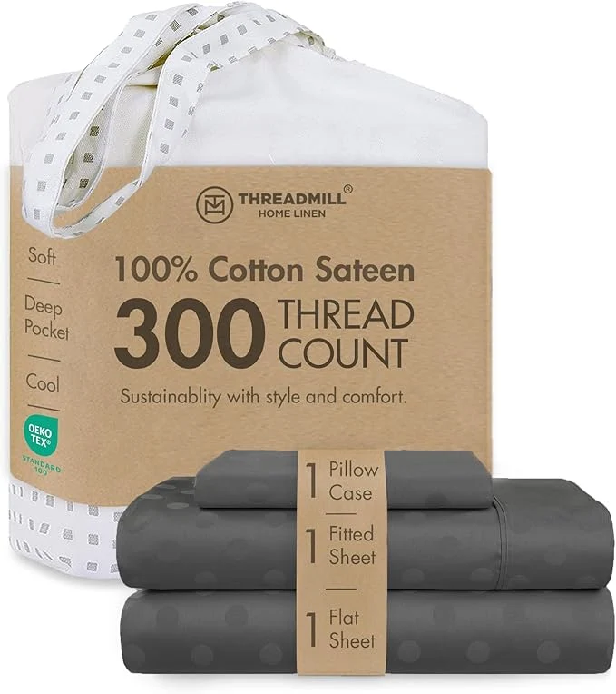 Threadmill Cotton Twin Sheet Set Cotton Sheets for Twin Size Bed Damask Jacquard Sateen Twin Bed Sheets Set with 16 Deep Pocket Soft Breathable 3-Piece Cooling Sheet Set Dark Grey Eco-Friendly
