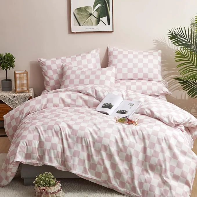 Artisan CLOTHKNOW Pink White Plaid King Size Comforter Set Grid Bedding Comforter Sets Soft Checker Geometric Comforter for Girls Women Expertly Made